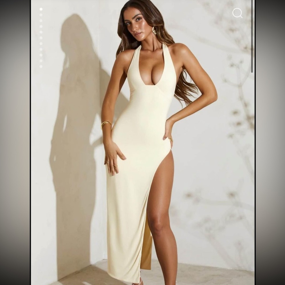 OH POLLY HIGH SPLIT HALTER NECK MAXI DRESS IN IVORY
